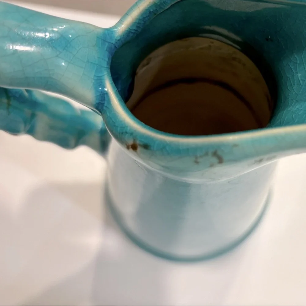 Vintage Pottery Vase Pitcher Water Jug Rustic Antique Glaze Turquoise Blue Green